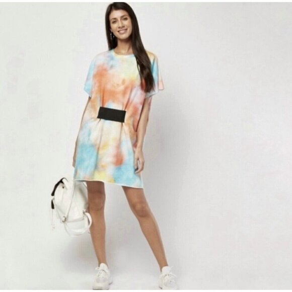 Zara Trafaluc Sz M Tie Dye Print Oversized Sweatshirt Shift Dress 80s Colorful - Picture 3 of 12